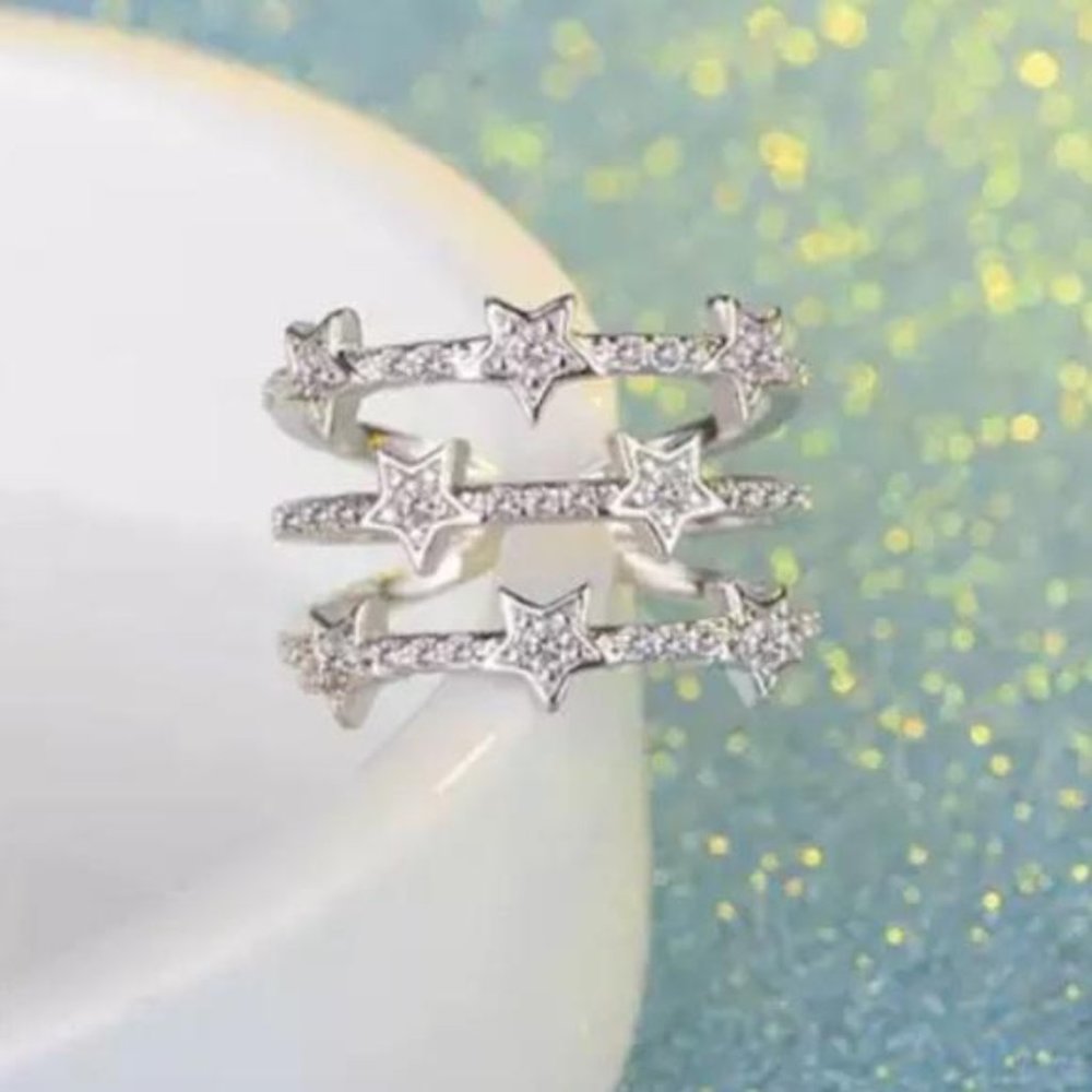 925 STERLING SILVER DIAMOND MULTI LAYER ADJUSTABLE RING, CUTE RING, SHINY RING. - Picture 5 of 5